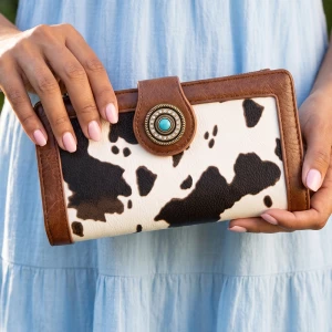 Cow Animal Print Vegan Leather Turquoise Concho Wallet
