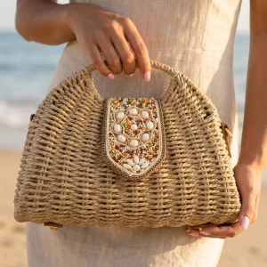 Beaded Flap Straw Top Handle Satchel Bag