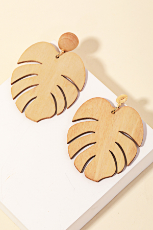 Wooden Monstera Leaf Drop Earrings