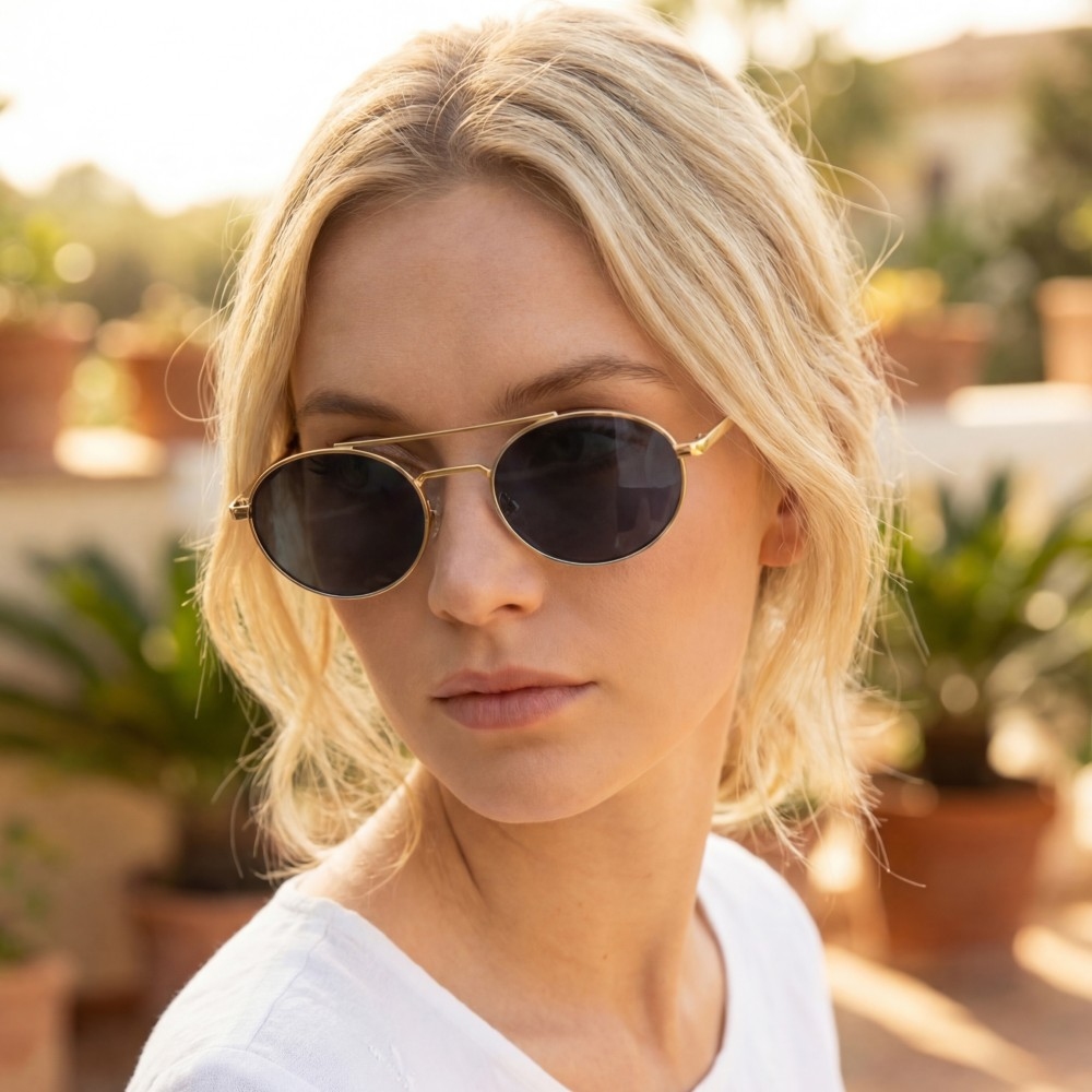 Slim Oval Double Bridge Metal Frame Sunglasses