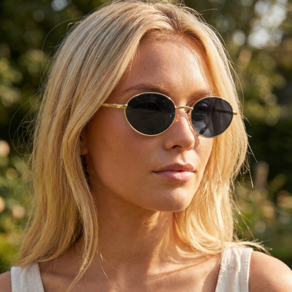 Slim Oval Cat Eye Metal Double Bridge Sunglasses