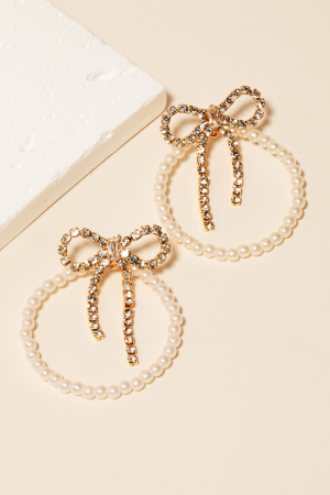 Pearl Beaded Hoop And Pave Ribbon Bow Dangle Earrings
