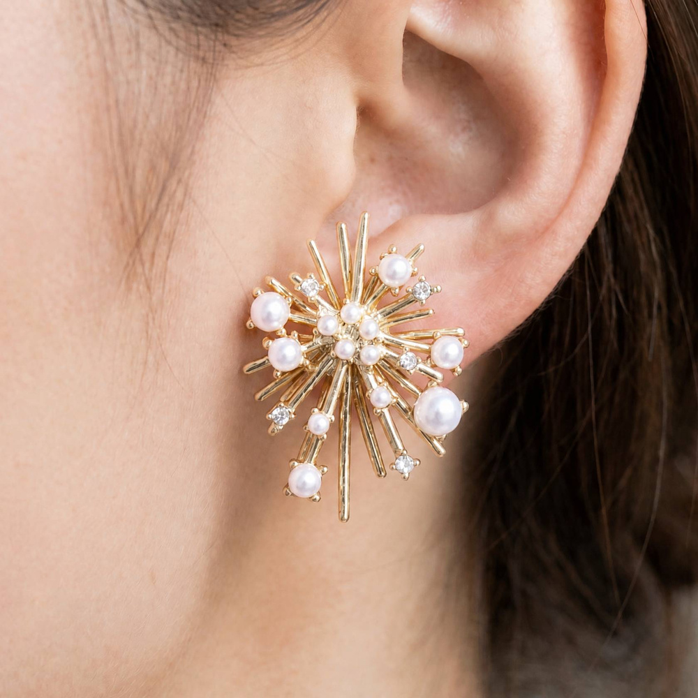 Pearl Rhinestone Starburst Cluster Stud Earrings