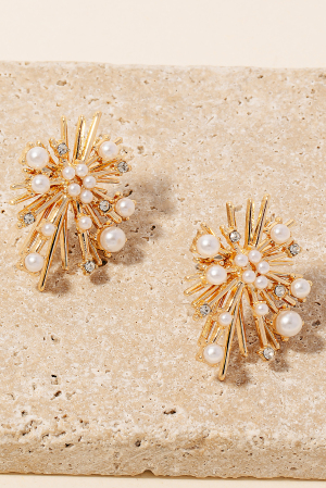 Pearl And Rhinestone Studded Cluster Burst Stud Earrings