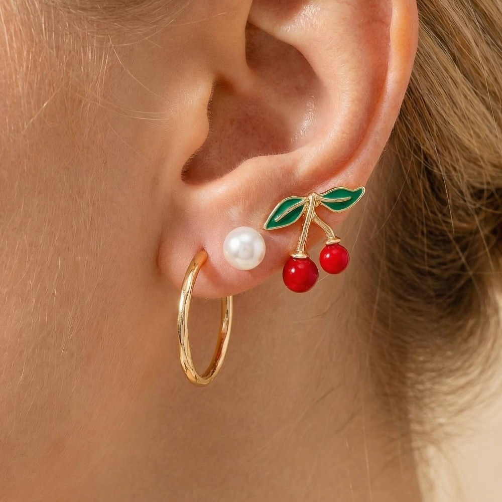 Tube Hoops Pearl And Cherry Studs Earrings Set