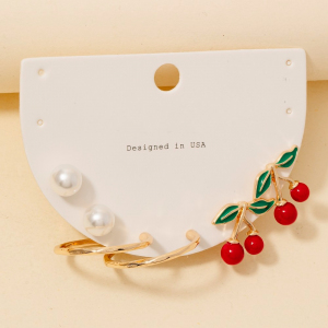 Tube Hoops Pearl And Cherry Studs Earrings Set