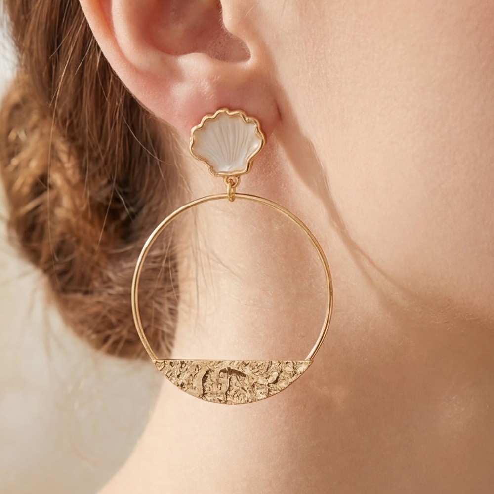 White Stone Scallop Stud Hammered Hoop Drop Earrings