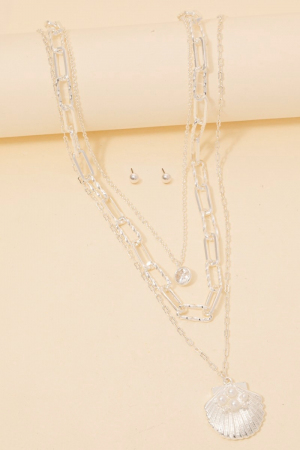 Pearl Studded Shell Layered Chains Necklace Set