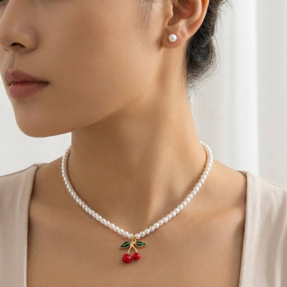 Cherry Pendant Pearl Beaded Necklace Set