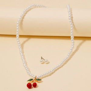 Cherry Pendant Pearl Beaded Necklace Set