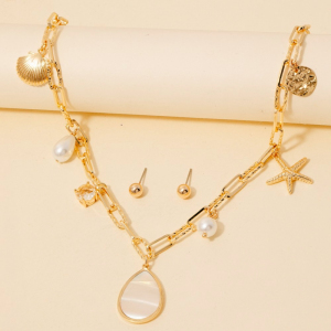 Shell Teardrop Pearl And Sea Life Charms Chain Necklace Set