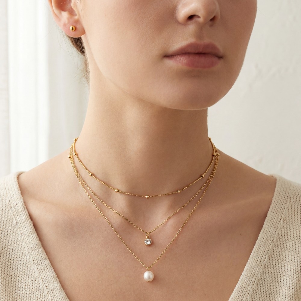 Gem And Pearl Pendants Layered Necklace Set