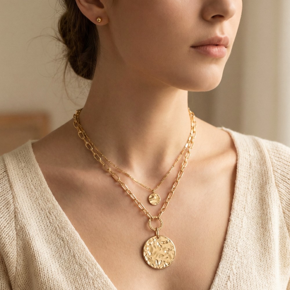 Double Chain Hammered Coin Pendant Necklace Set
