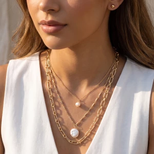 Triple Layer Coin Pearl Paperclip Chain Necklace
