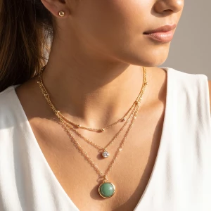 Triple Layer Chain Necklace With Round Stone Pendant