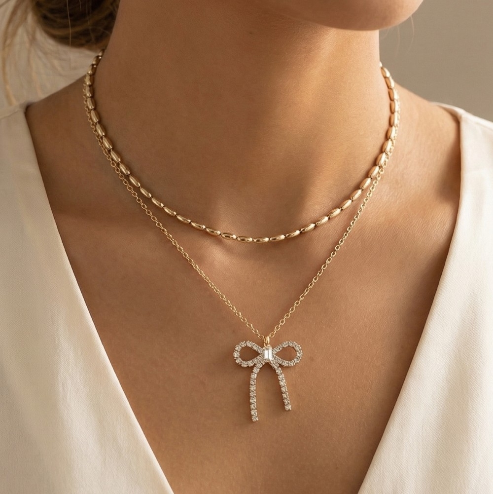 Pave Ribbon Bow Pendant Layered Necklace Set