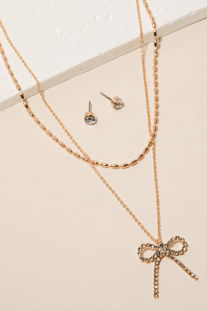 Pave Ribbon Bow Pendant Layered Necklace Set