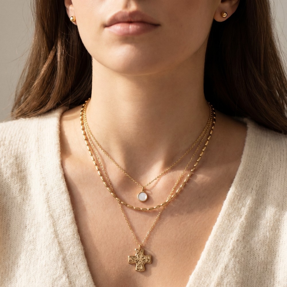 Triple Layered Chain Cross Pendant Necklace Set