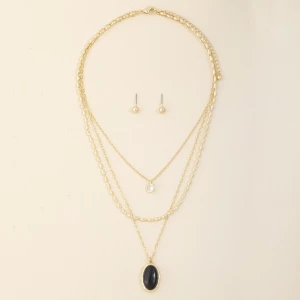 Layered Semi Precious Stone Pendant Necklace Set