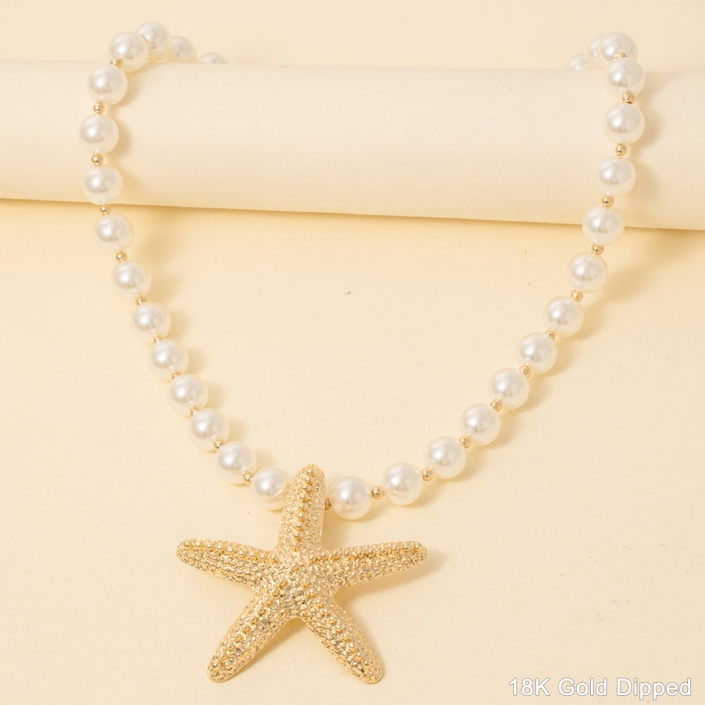Gold Dipped Starfish Pendant Pearl Beaded Necklace