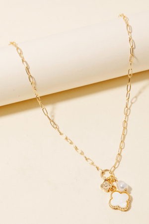 Shell And Metallic Clover Pearl Charm Chain Necklace