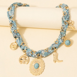 Western Stone Set Concho Charms Paisley Bandana And Chain Braided Necklace