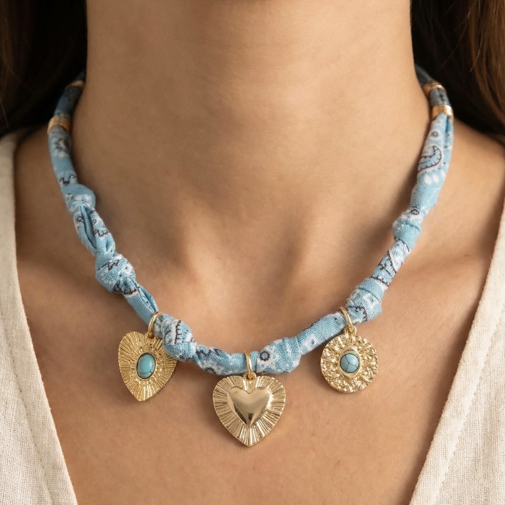Stone Set Heart And Coin Charms Paisley Bandana Knotted Necklace