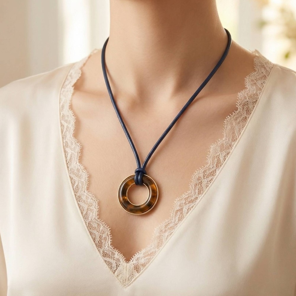 Acetate And Metallic Hoop Pendant Cord Necklace