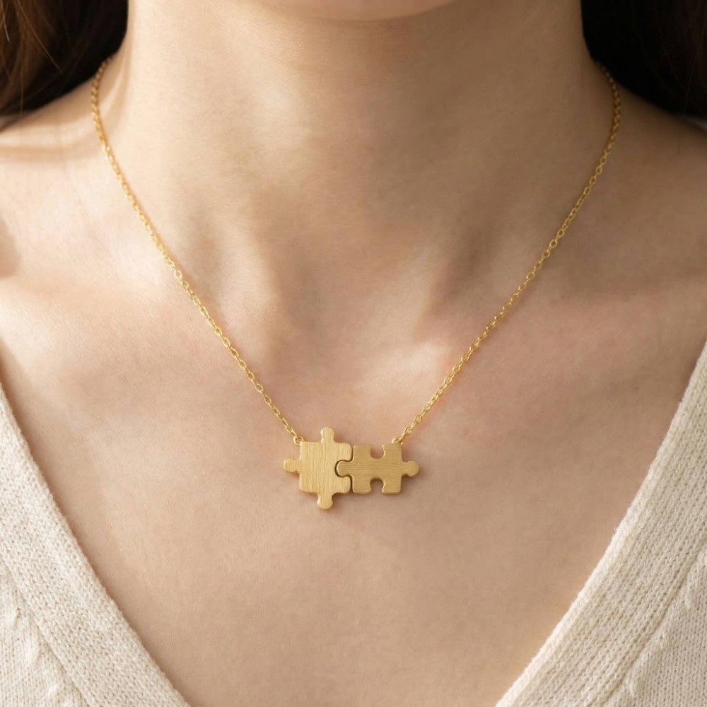 Gold Dipped Brushed Puzzle Piece Pendant Necklace