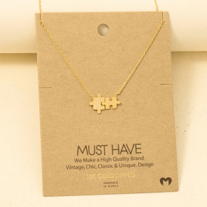 Gold Dipped Brushed Puzzle Piece Pendant Necklace