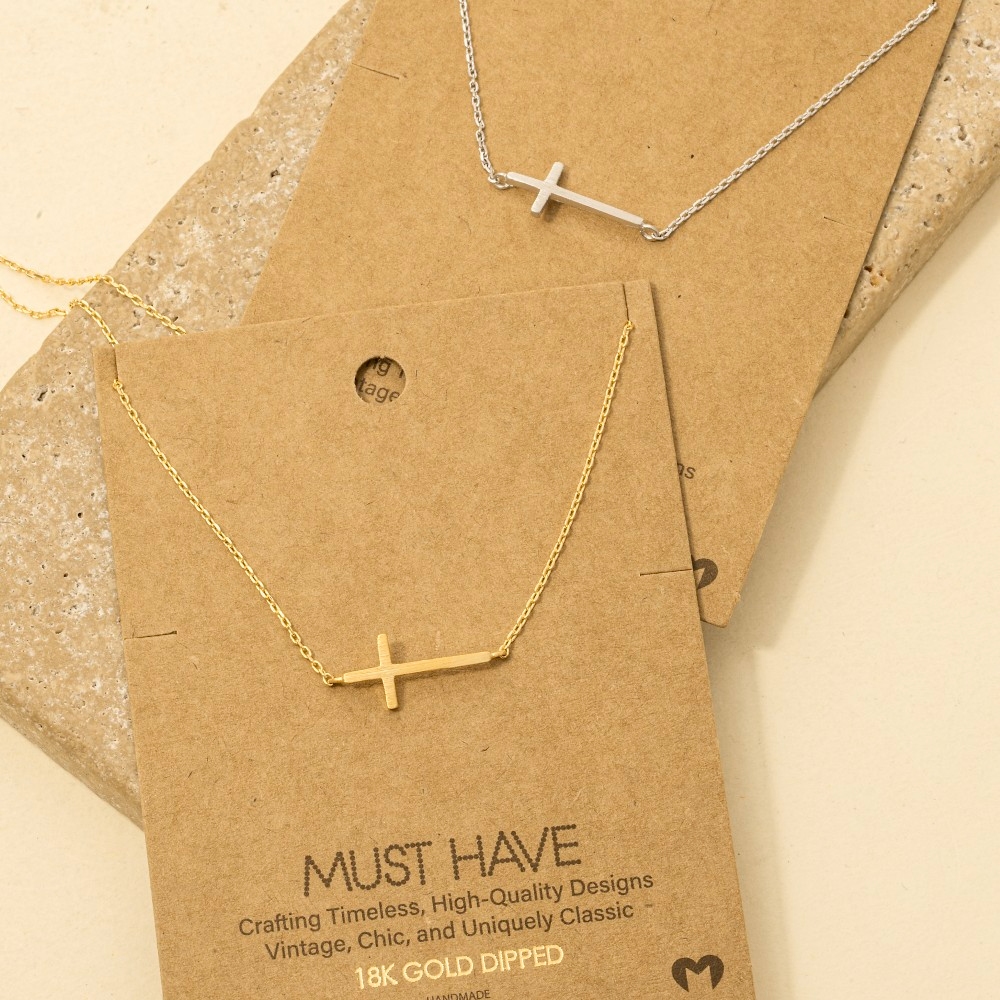Gold Dipped Side Cross Pendant Necklace