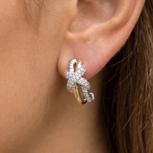Two Tone Cable Twist Cz X Crossover Hoop Earrings
