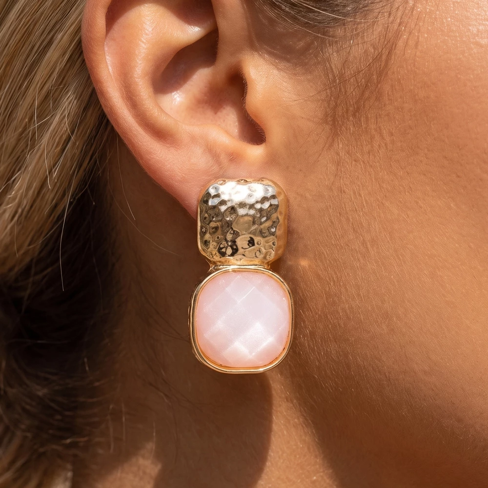 Hammered Square Faceted Cushion Stone Drop Earrings