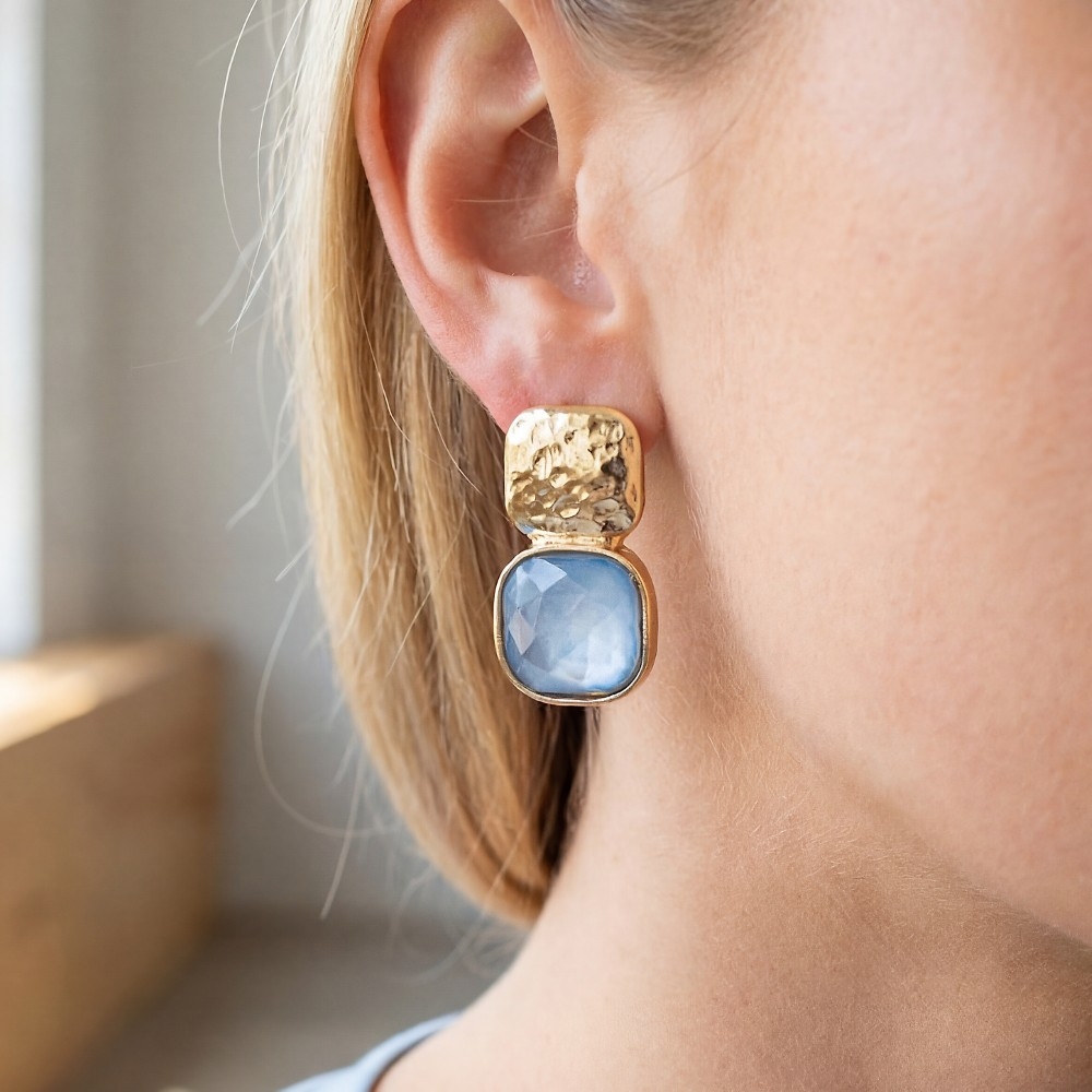 Multi Texture Square Stone Drop Earrings