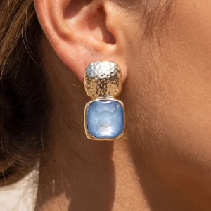 Two Tone Hammered Oversized Stone Drop Earrings