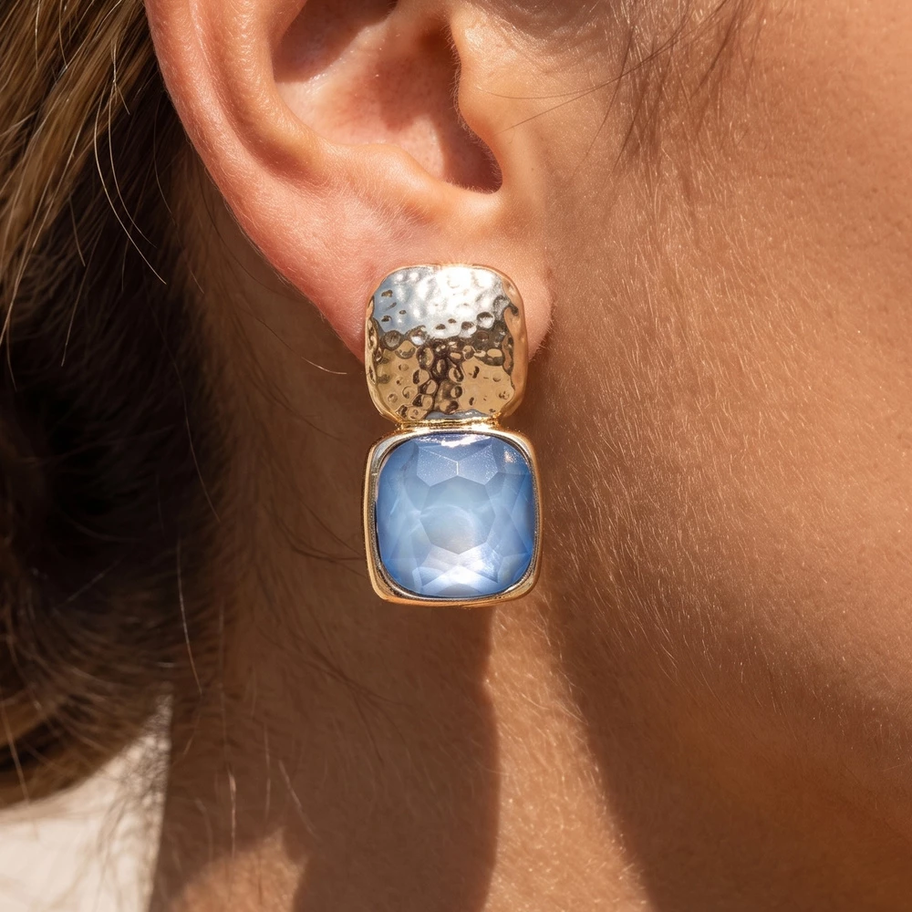Two Tone Hammered Oversized Stone Drop Earrings