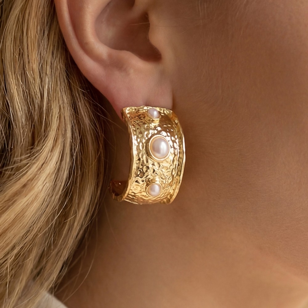 Hammered Triple Pearl C Hoop Earrings