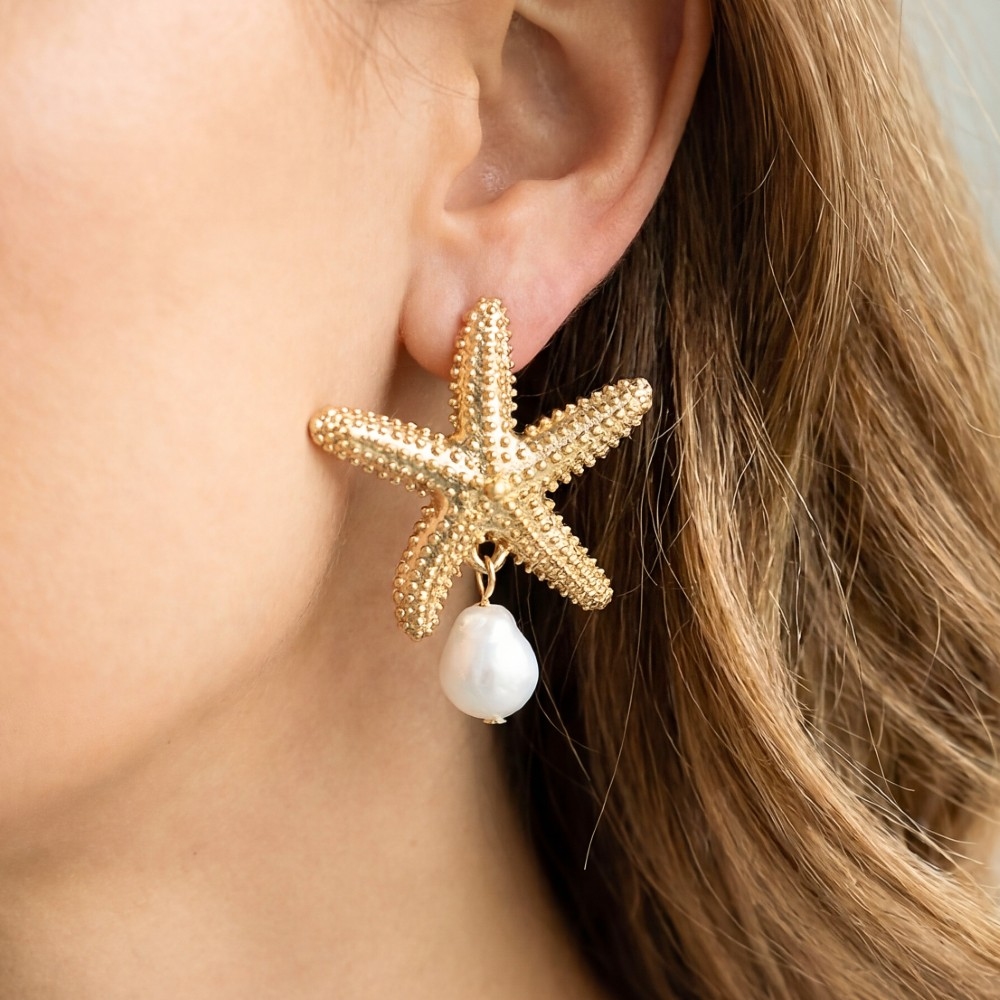 Metallic Starfish With Pearl Drop Earrings