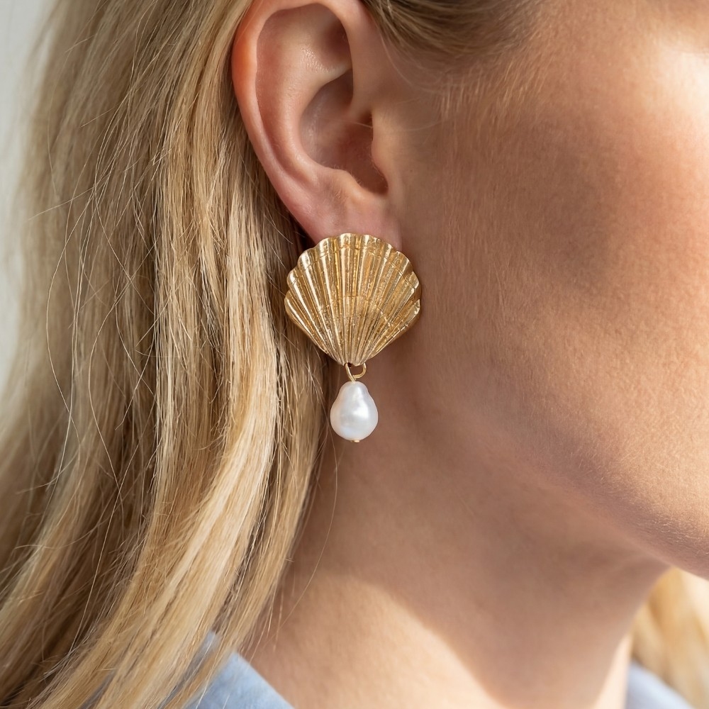 Metallic Seashell Pearl Drop Earrings