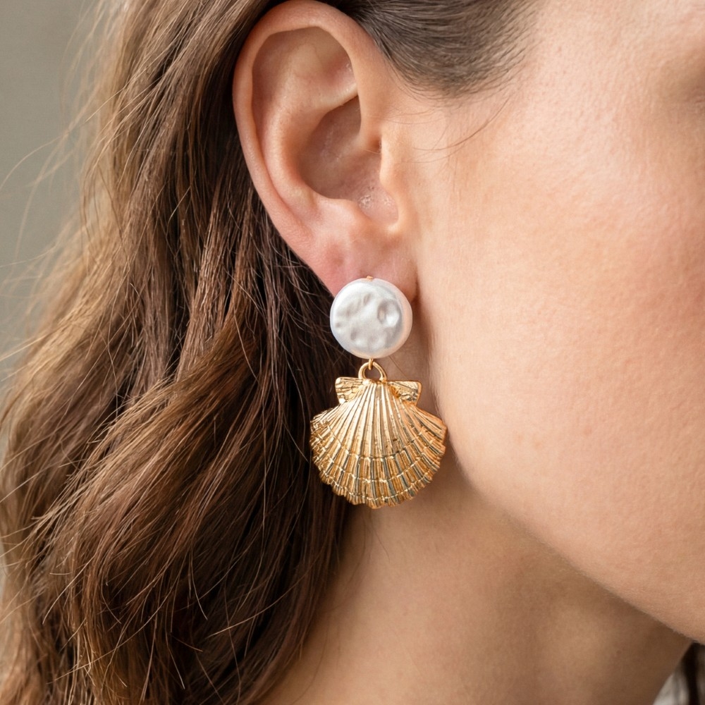 Pearl Stud Seashell Drop Earrings