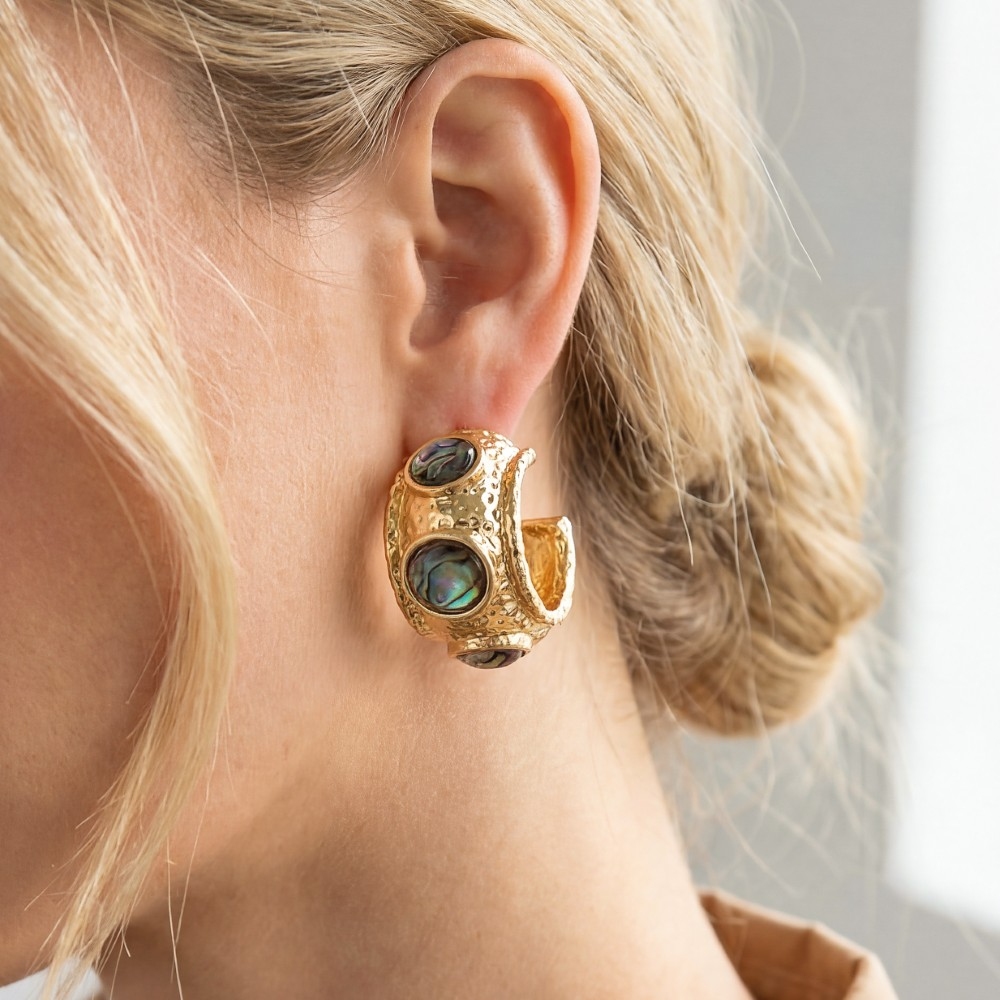 Small Faceted Oval Stone C Shape Hoop Earrings