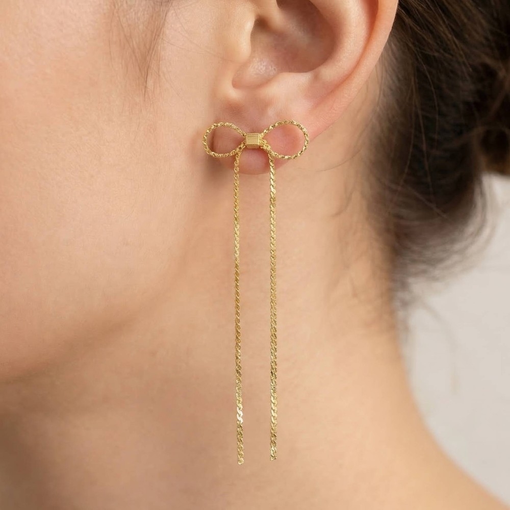 Dainty Metallic Chain Ribbon Bow Stud Earrings