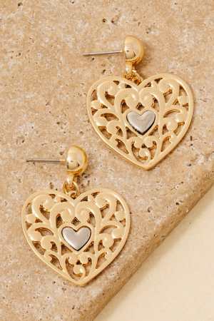 Two Tone Filigree Heart Charm Stud Earrings