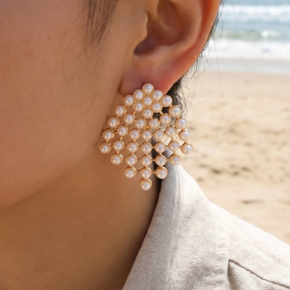 Pearl Pave Mesh Wide Stud Earrings
