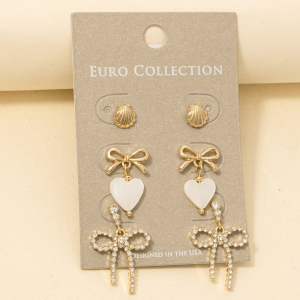 Seashell Heart And Ribbon Bow Stud Earrings Set
