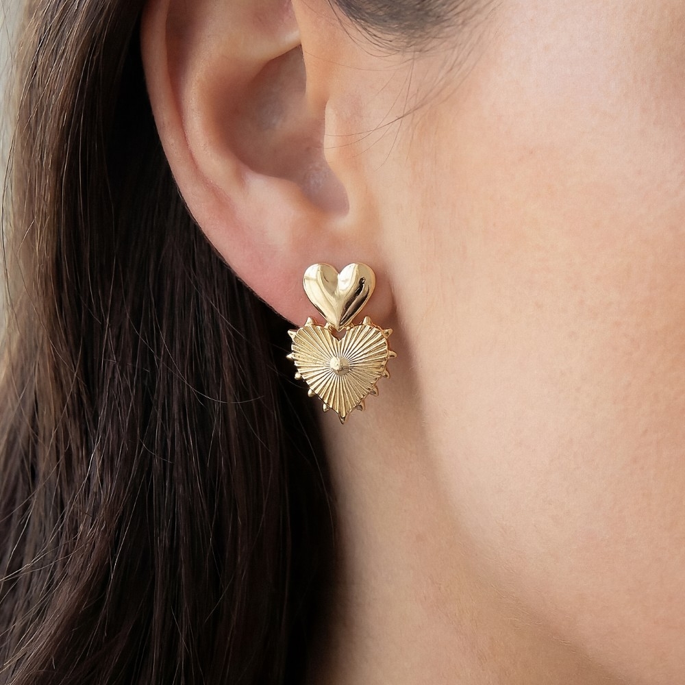 Double Metallic Heart Stud Dangle Earrings