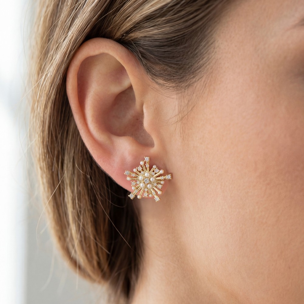 Pearl And Cz Studded Sunburst Stud Earrings