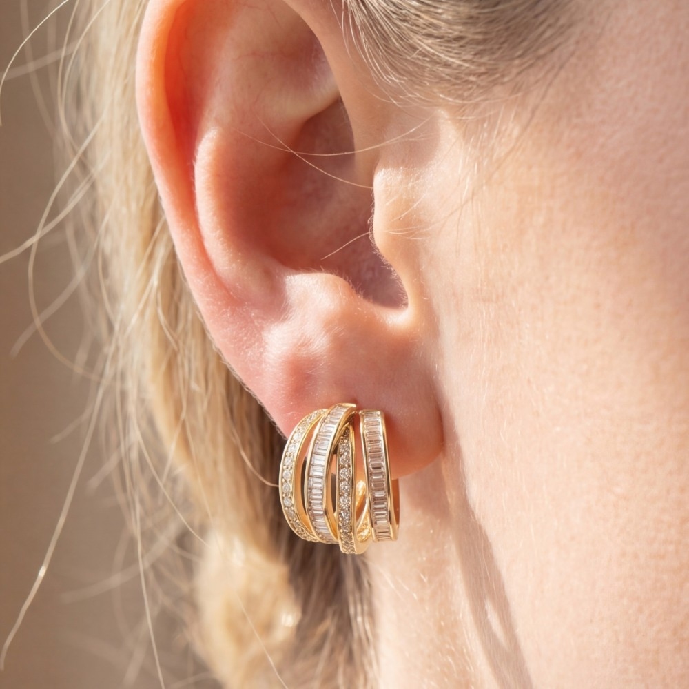 Cz Baguette Triple Row Huggie Earrings