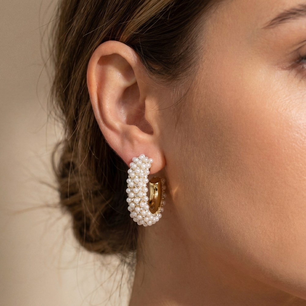 Pearl And Cz Pave Hoop Earrings