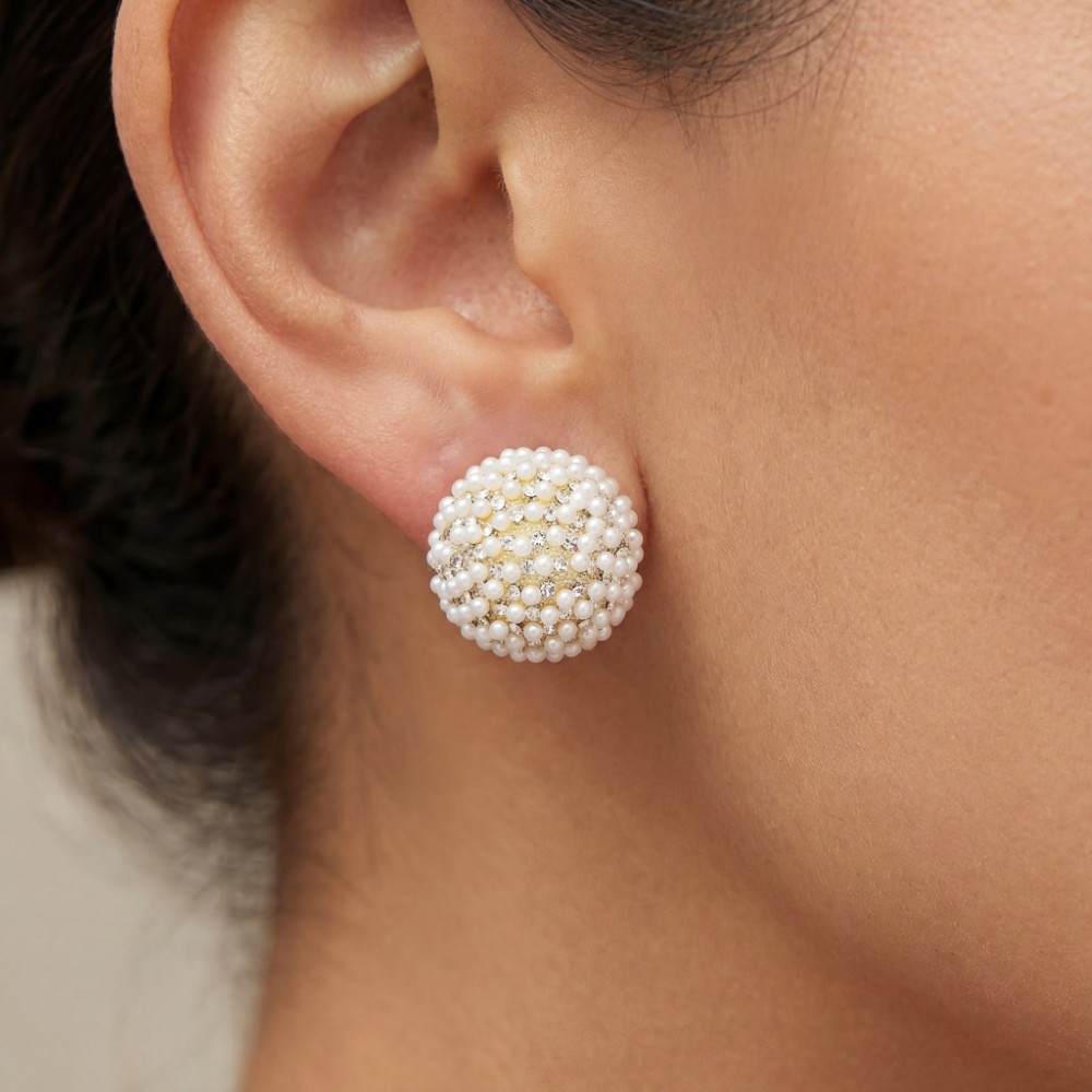 Pearl And Cz Pave Dome Stud Earrings